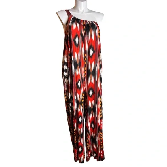 ILLORD Black Rust White Print One-Shoulder Jumpsuit Vacation Cruise Plus Size - Picture 2 of 7